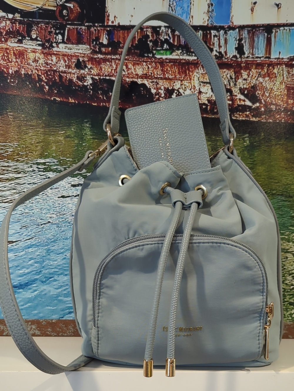 Isaac Mizrahi slate gray nylon bucket bag With Matching Detachable Cardholder